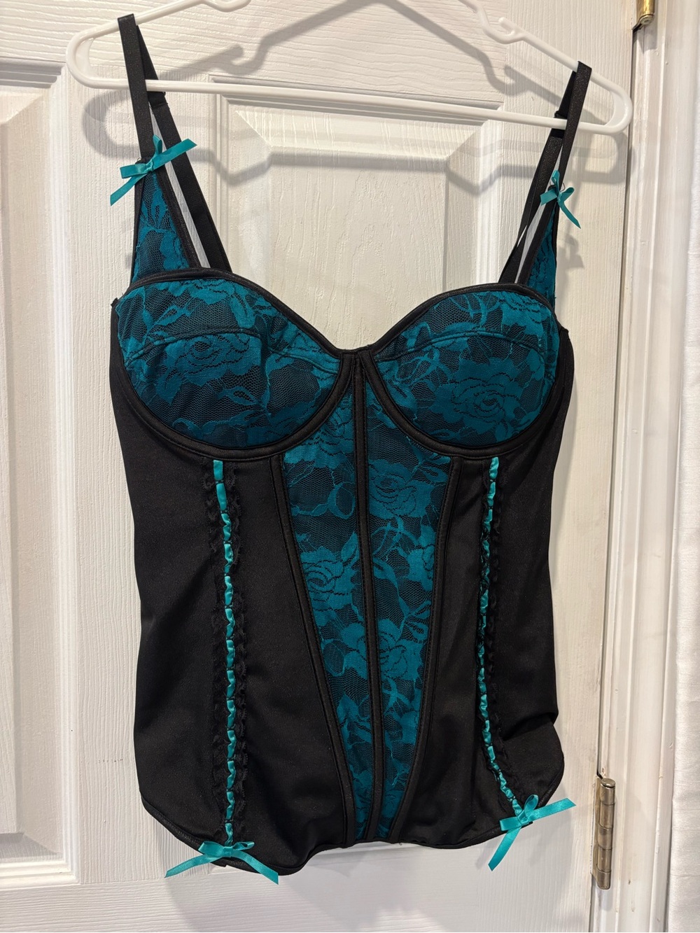 Beautiful Coquette Black and Teal Lace Corset Lingerie Top Size M/L